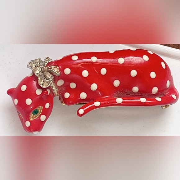 Kenneth Lane Enamel Crystal 1980's Red/White Polka Dot Leopard Signed VTG Brooch - Picture 10 of 16